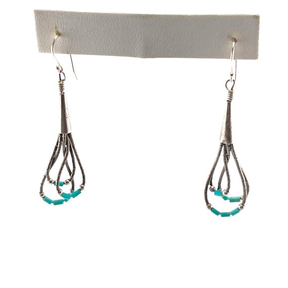 Boho 1970s Silver & Turquoise Beaded Dangle Earrings 2" Bohemian Chic Jewelry - Picture 7 of 8